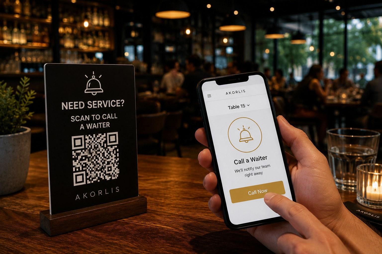 Guest using a phone to call a waiter from a restaurant table with QR code