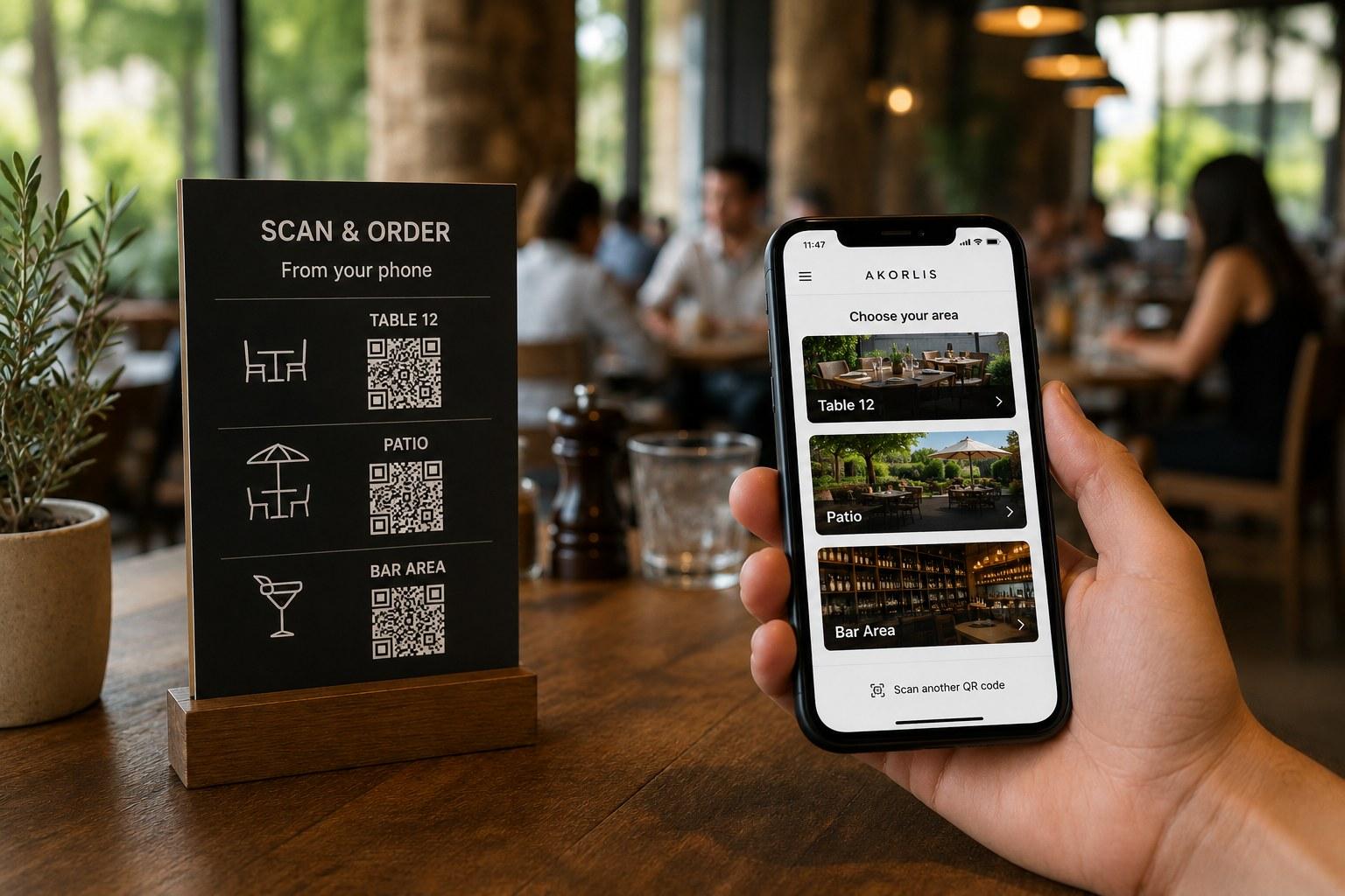 QR codes per table, patio and service area for restaurant digital menu and ordering