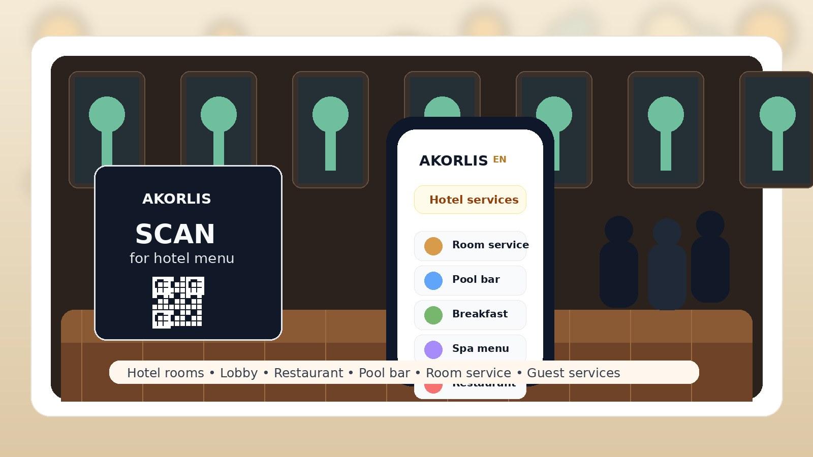 Digital menu for hotels and hospitality venues with QR code access from a guest phone