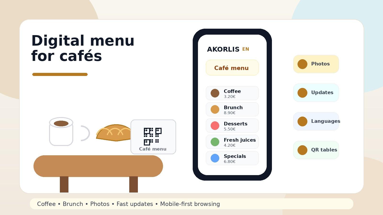 Mobile-first digital menu for cafés with coffee, brunch and dessert categories