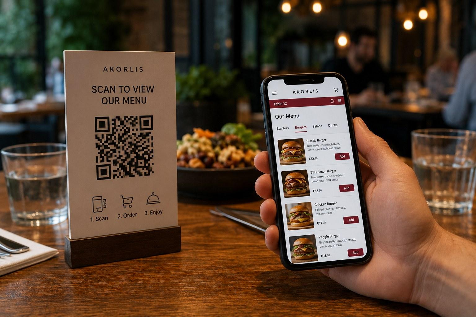 Guest using a QR menu with ordering from a smartphone in a restaurant