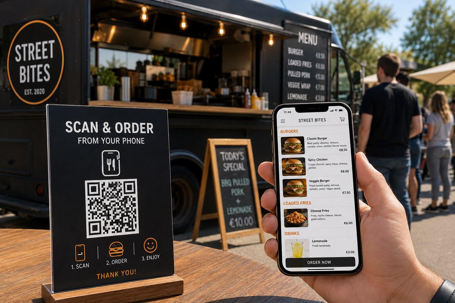 Digital menu for food trucks and outdoor venues with QR code access from a mobile phone