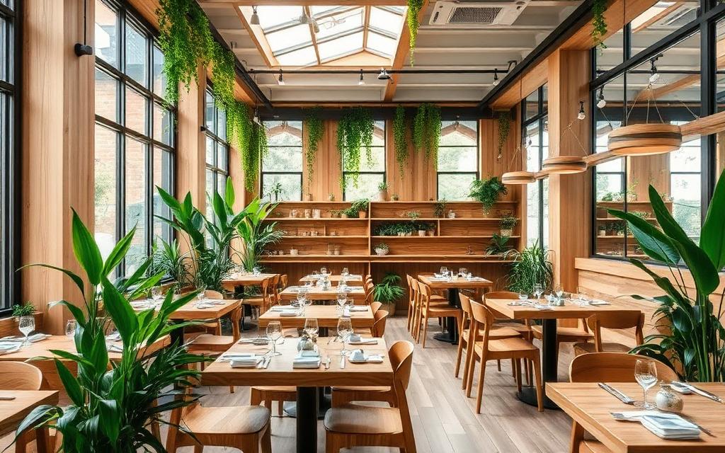 Sustainable restaurant interior with natural elements